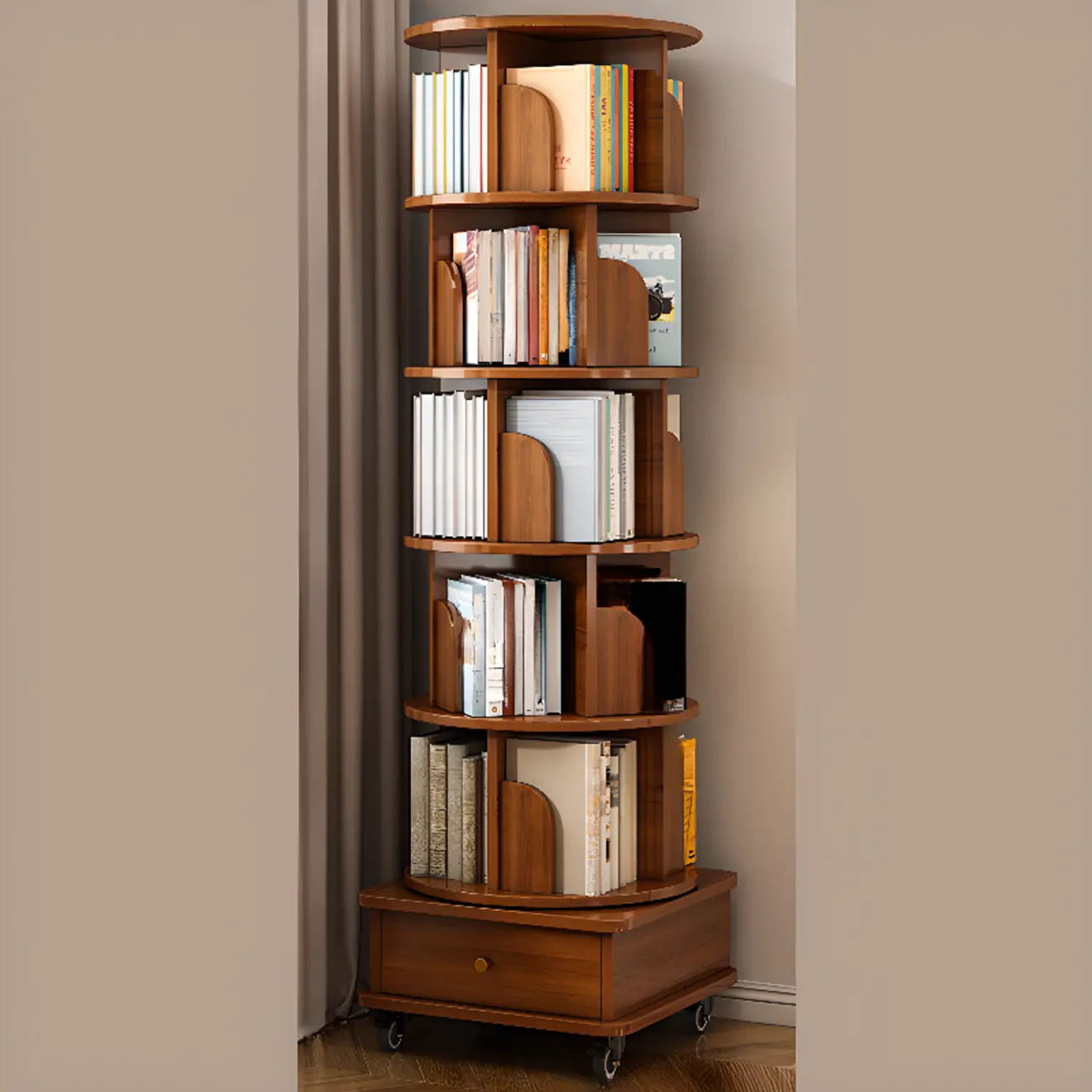Rustic Brown Rotatable 5-Tier Tall Wood Bookcase with Wheels Image - 1 | homeyfad