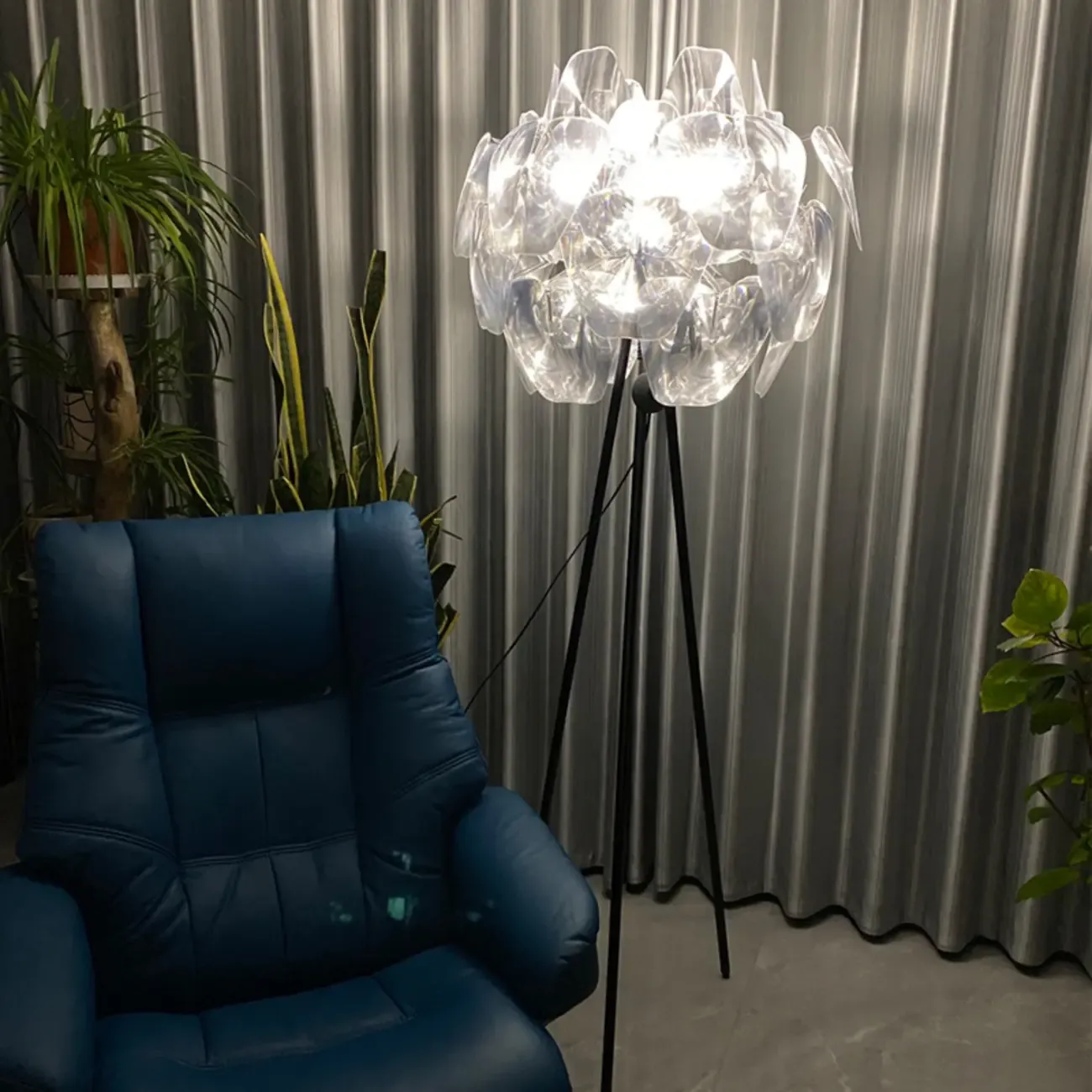 Modern Clear Acrylic Chrome Tripod Floor Lamp Image - 4