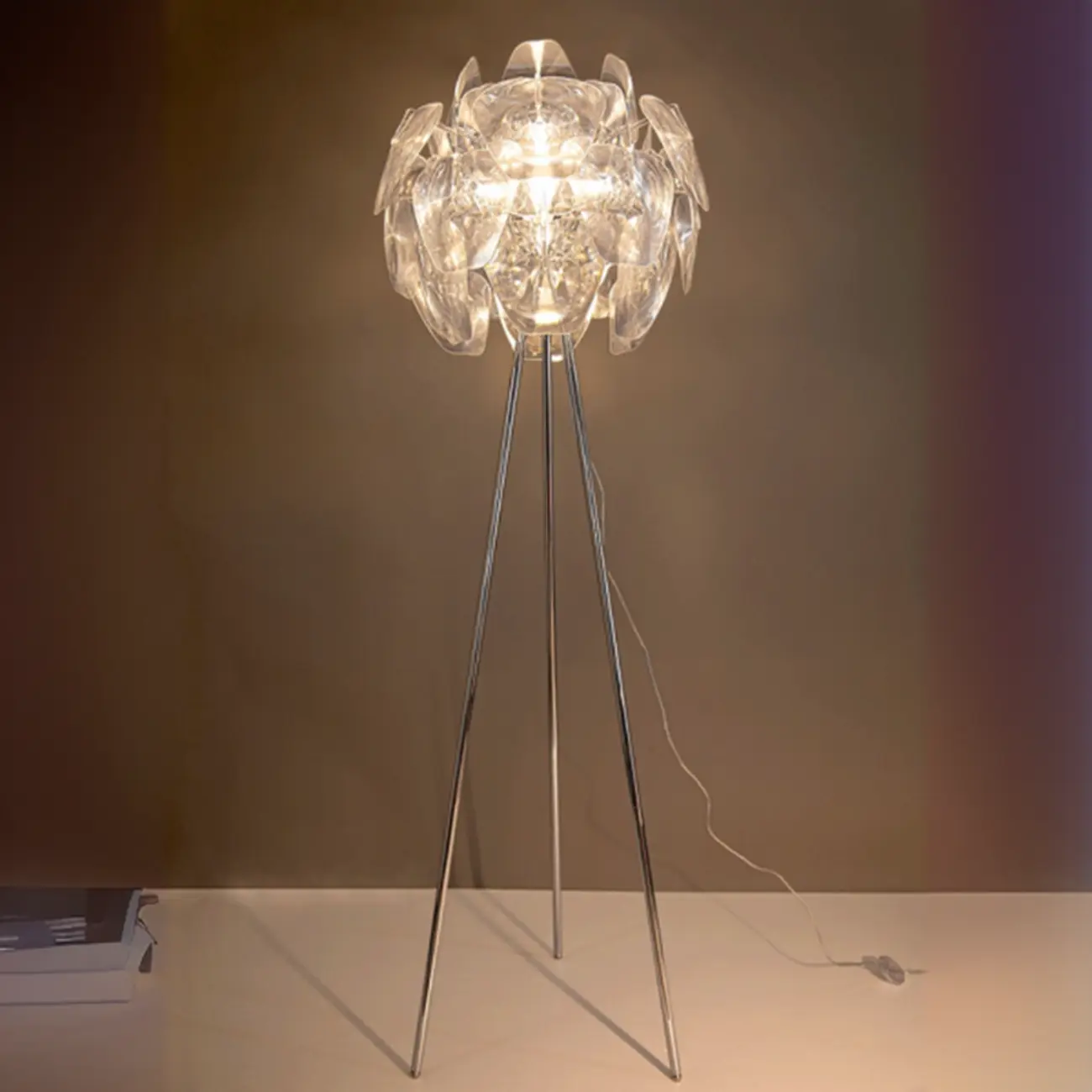 Modern Clear Acrylic Chrome Tripod Floor Lamp Image - 1 | homeyfad