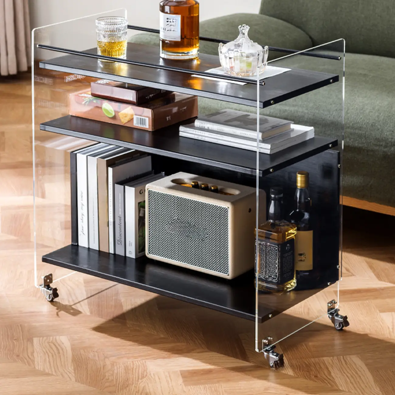 Trendy Moso Bamboo Acrylic 3-Shelf Side Table with Wheels Image - 6 | homeyfad