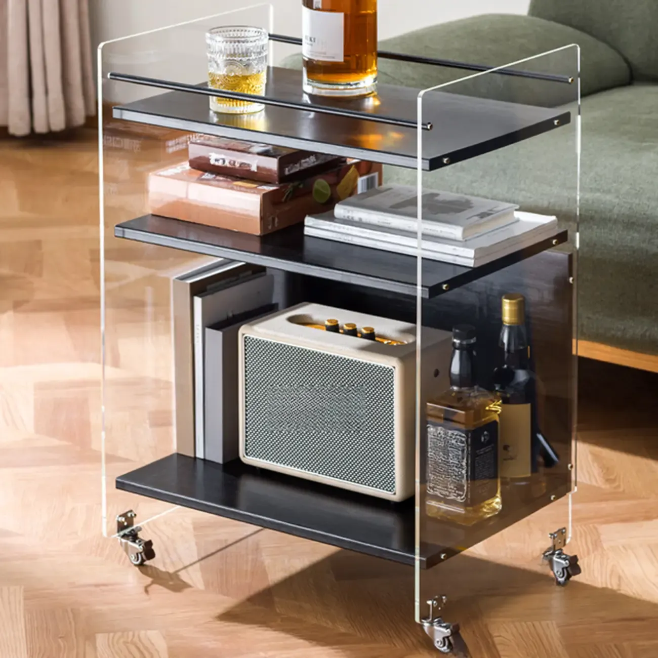 Trendy Moso Bamboo Acrylic 3-Shelf Side Table with Wheels Image - 3