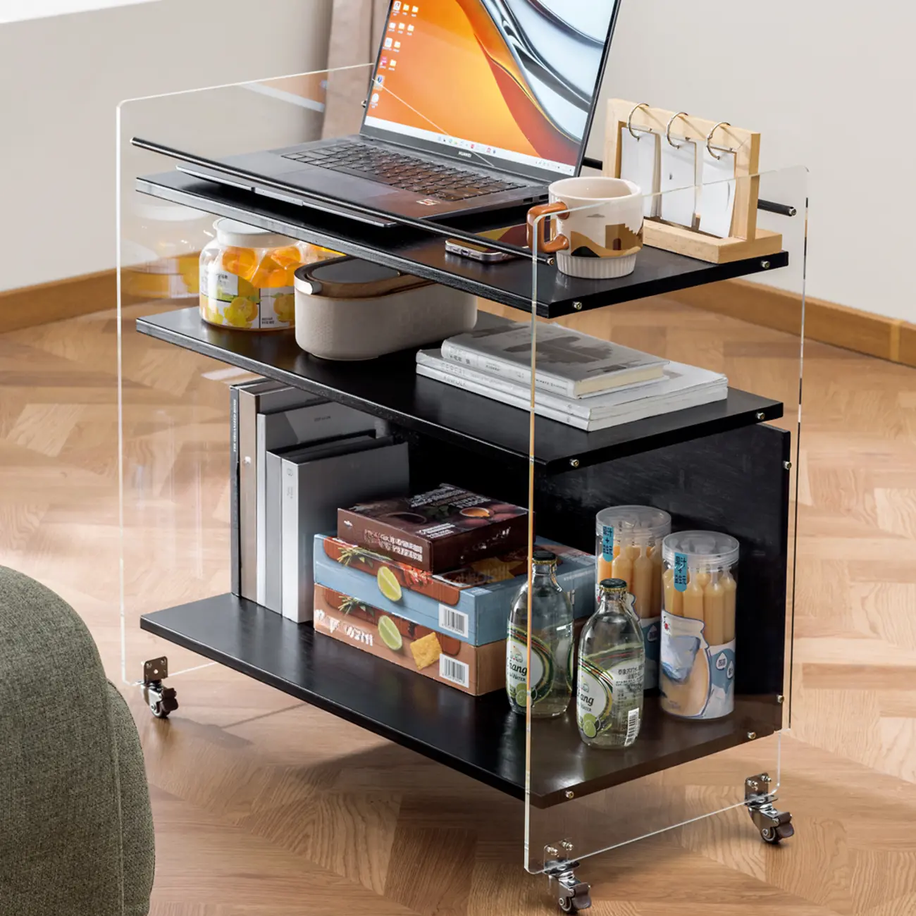 Trendy Moso Bamboo Acrylic 3-Shelf Side Table with Wheels Image - 7 | homeyfad