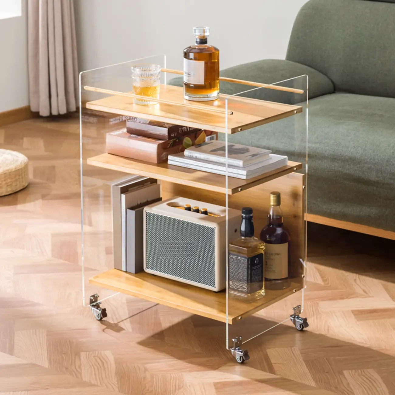 Trendy Moso Bamboo Acrylic 3-Shelf Side Table with Wheels Image - 5
