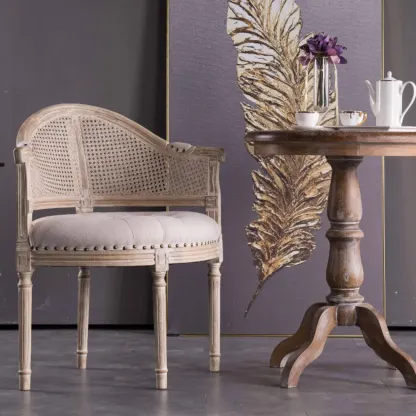 Rustic Rattan Upholstered Wood Dining Chair Image - 1