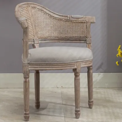 Rustic Rattan Upholstered Wood Dining Chair Image - 4