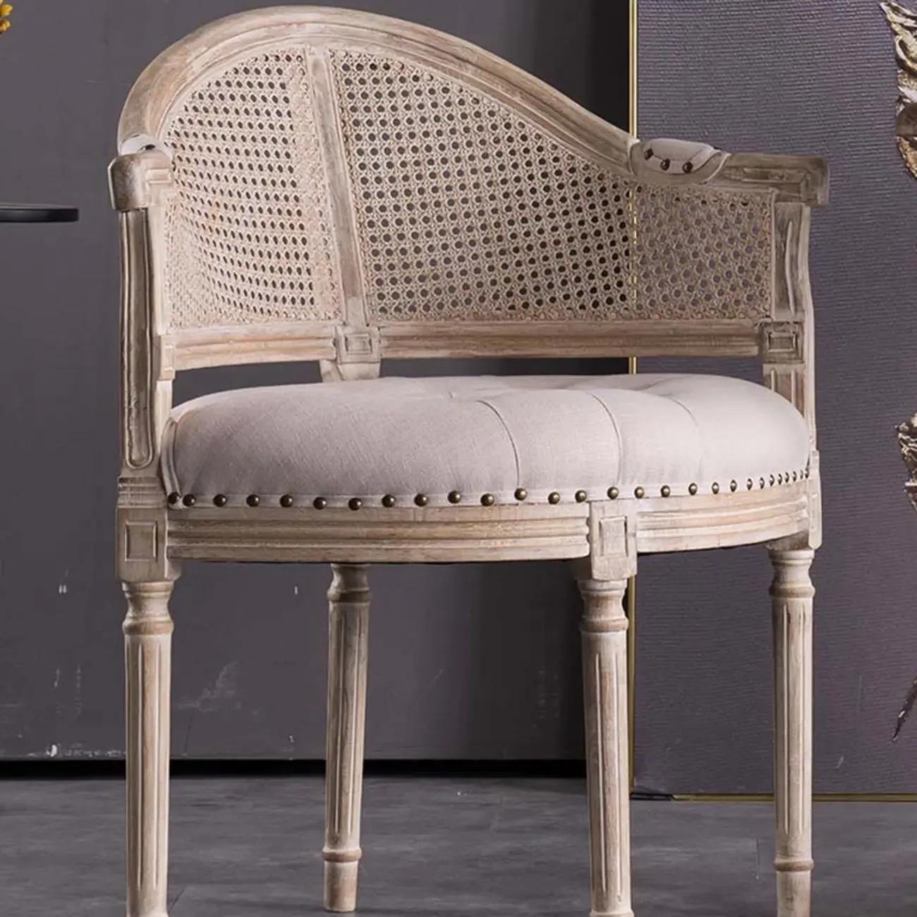Rustic Rattan Upholstered Wood Dining Chair Image - 3