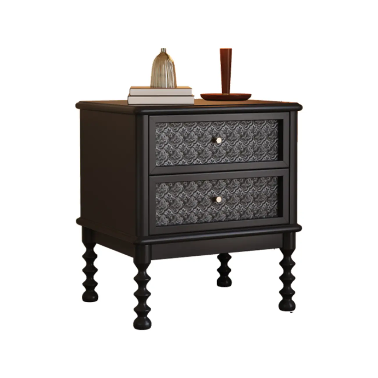Vintage Solid Wood Patterned Finish Drawers Bedside Nightstand Image - 4 | homeyfad