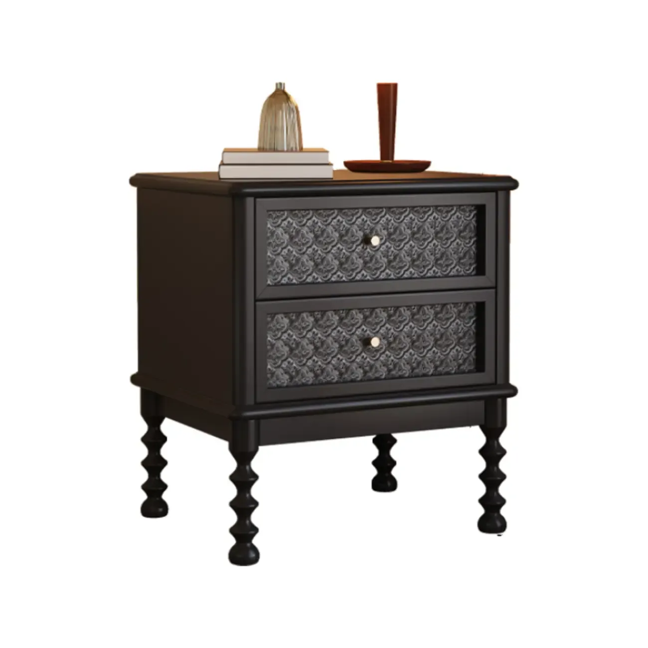 Vintage Solid Wood Patterned Finish Drawers Bedside Nightstand Image - 4