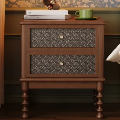Vintage Solid Wood Patterned Finish Drawers Bedside Nightstand Image - 2
