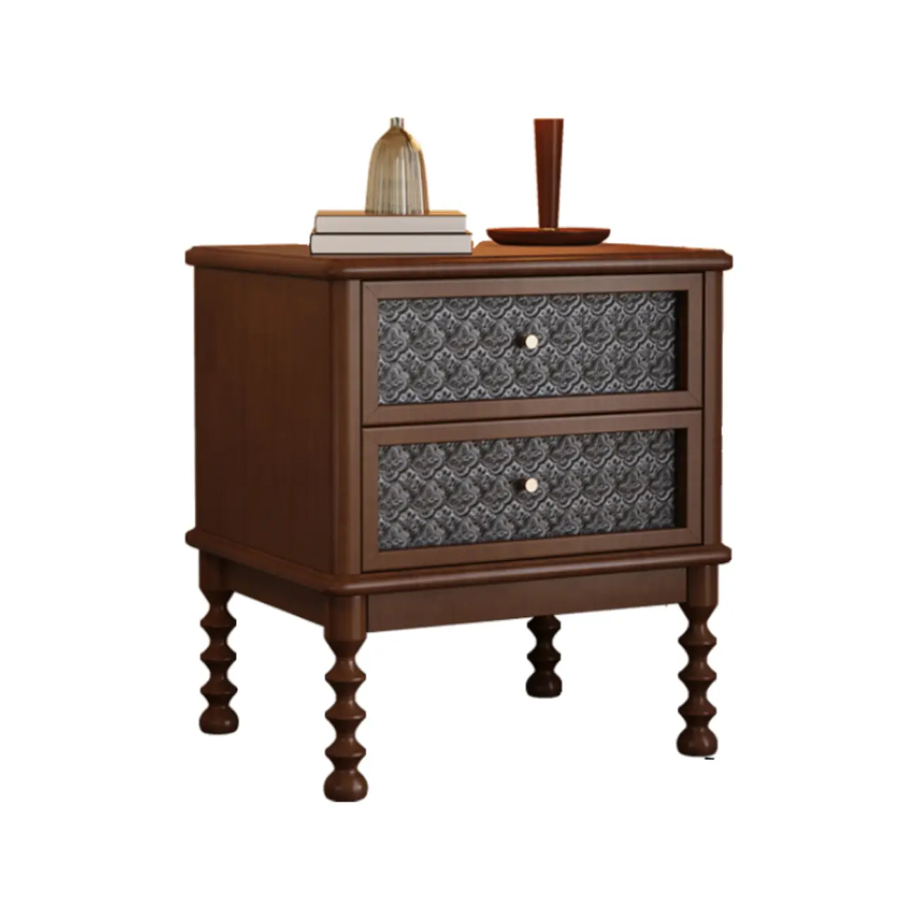 Vintage Solid Wood Patterned Finish Drawers Bedside Nightstand Image - 5 | homeyfad