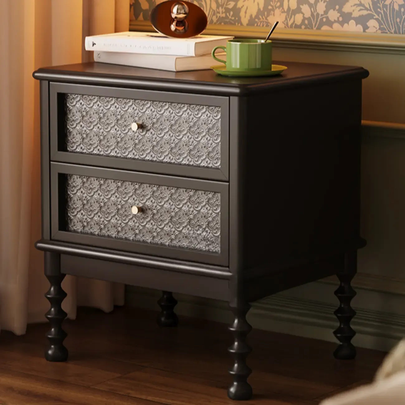 Vintage Solid Wood Patterned Finish Drawers Bedside Nightstand Image - 6