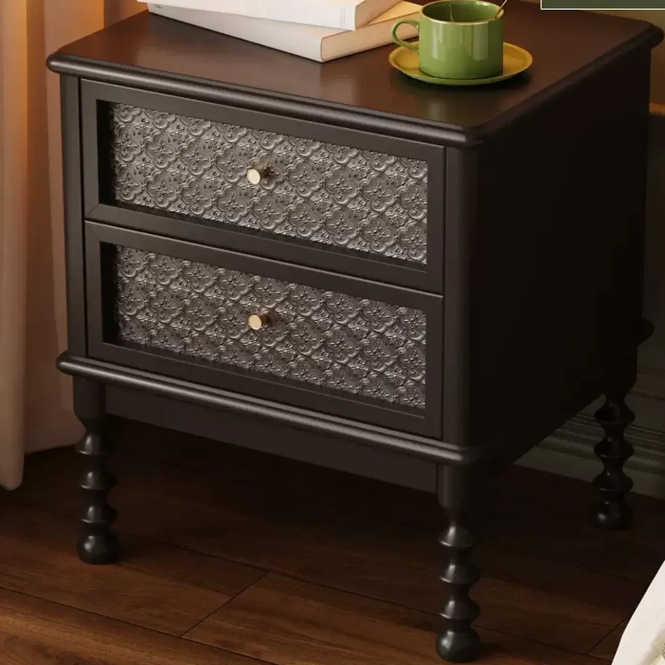 Vintage Solid Wood Patterned Finish Drawers Bedside Nightstand Image - 7