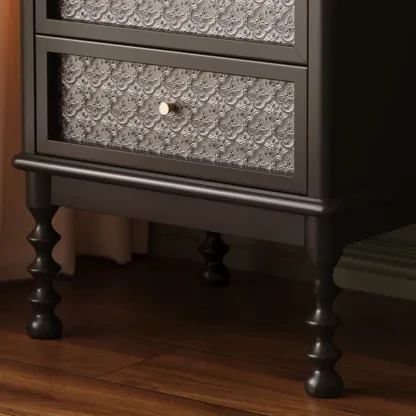 Vintage Solid Wood Patterned Finish Drawers Bedside Nightstand Image - 8