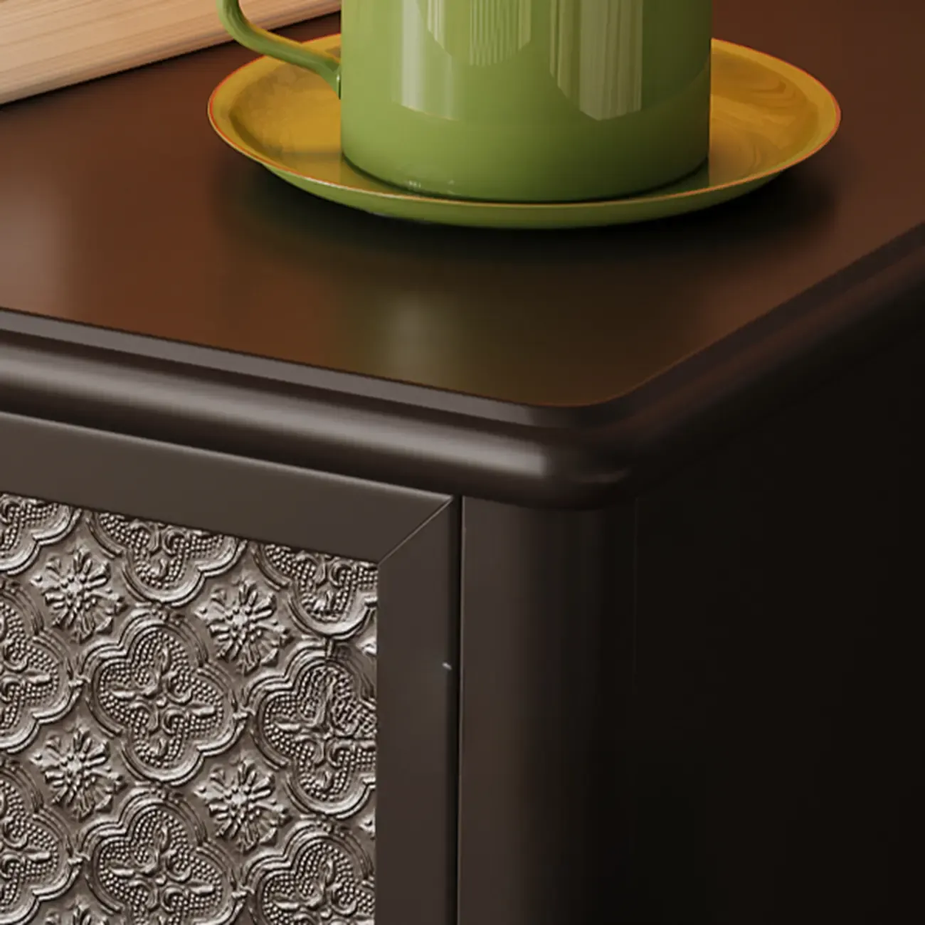 Vintage Solid Wood Patterned Finish Drawers Bedside Nightstand Image - 9