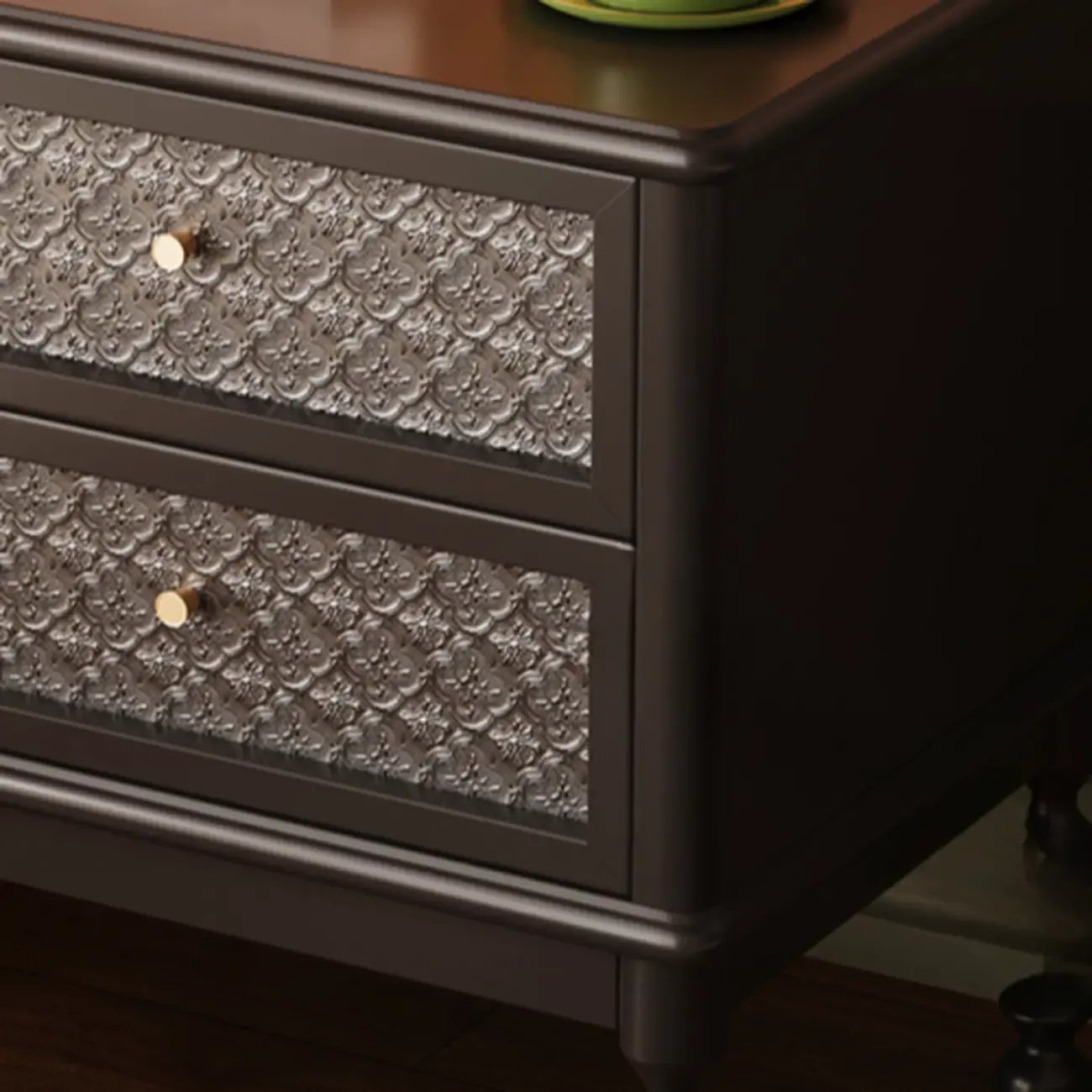 Vintage Solid Wood Patterned Finish Drawers Bedside Nightstand Image - 10