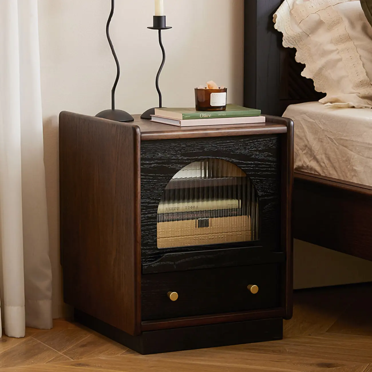 Bedroom Wood Walnut Glass Door Nightstand with Drawer Image - 3 | homeyfad