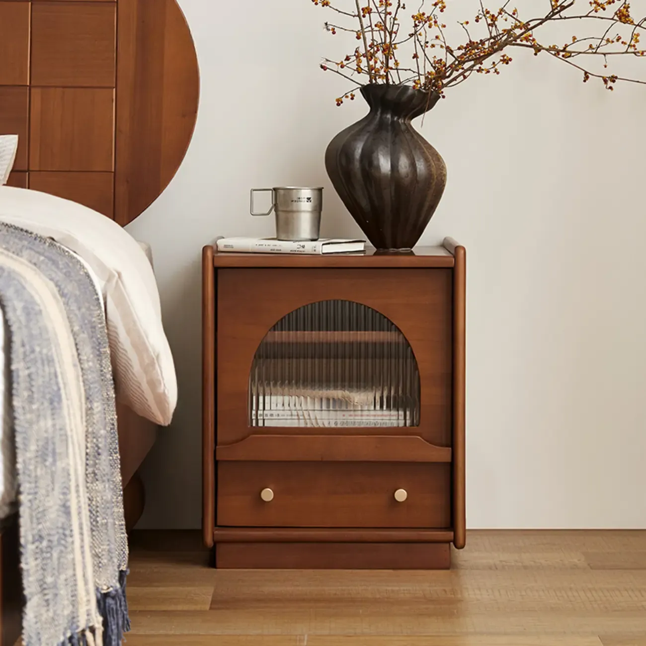 Bedroom Wood Walnut Glass Door Nightstand with Drawer Image - 2