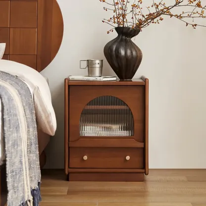 Bedroom Wood Walnut Glass Door Nightstand with Drawer Image - 2