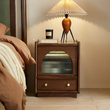 Bedroom Wood Walnut Glass Door Nightstand with Drawer Image - 1