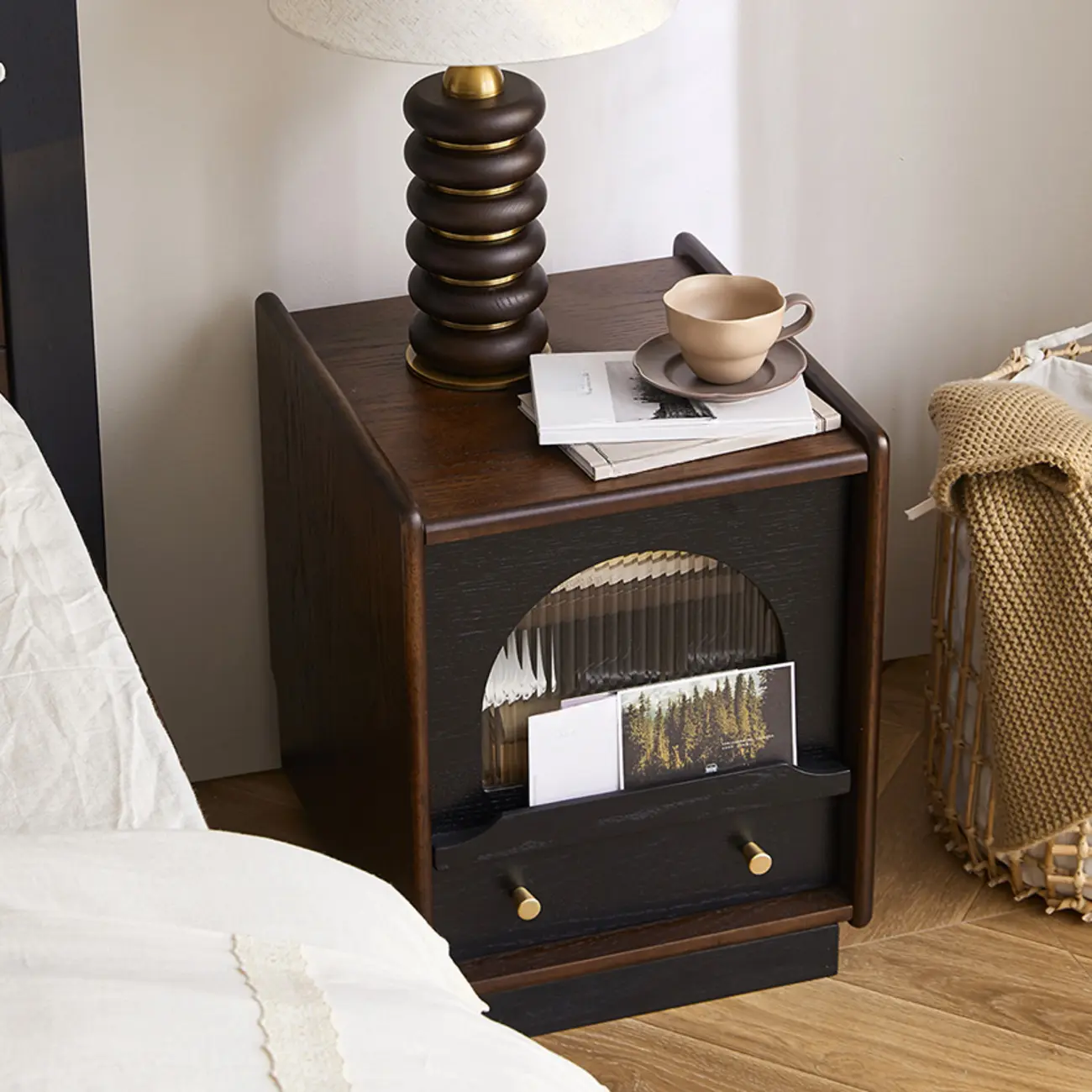 Bedroom Wood Walnut Glass Door Nightstand with Drawer Image - 4 | homeyfad