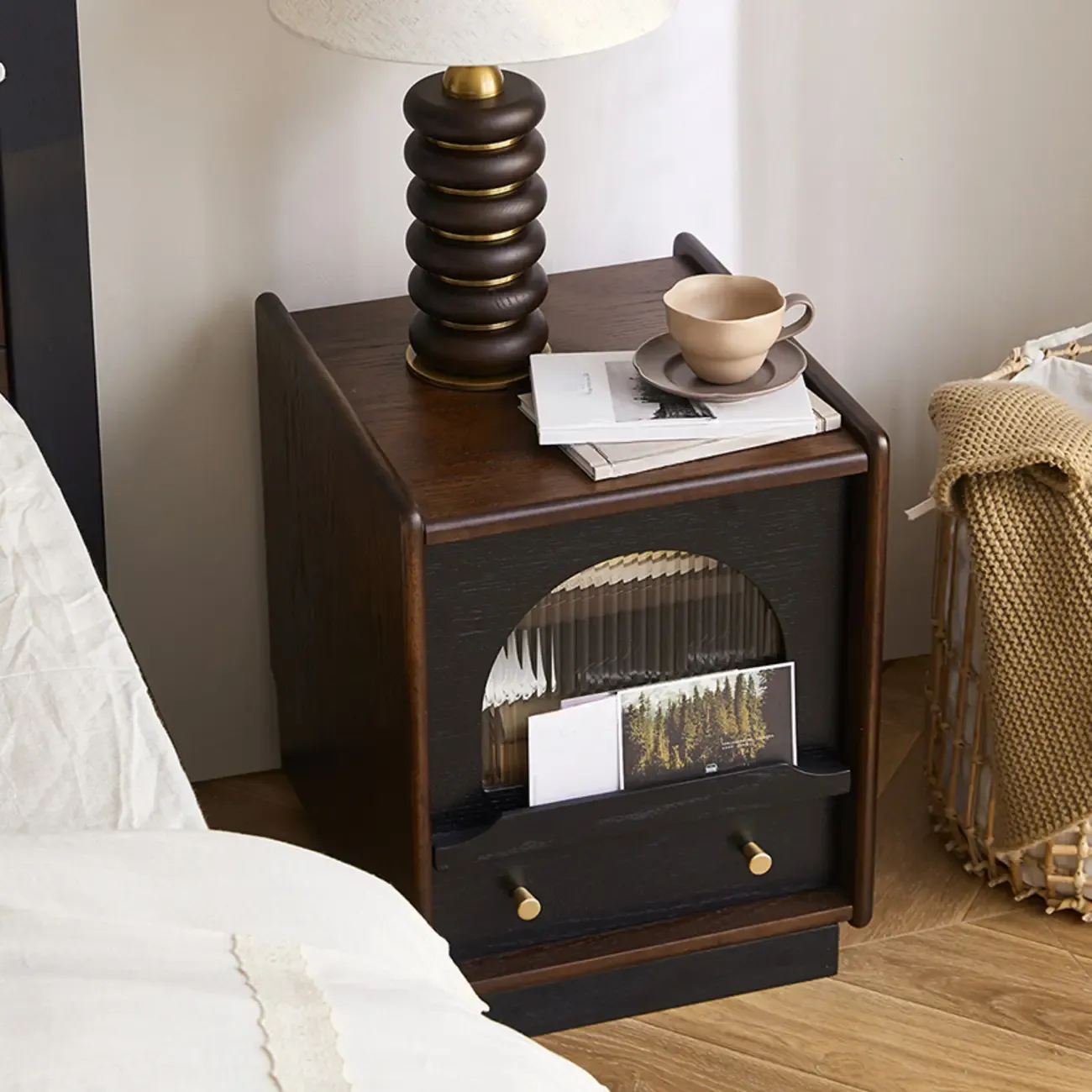 Bedroom Wood Walnut Glass Door Nightstand with Drawer Image - 4