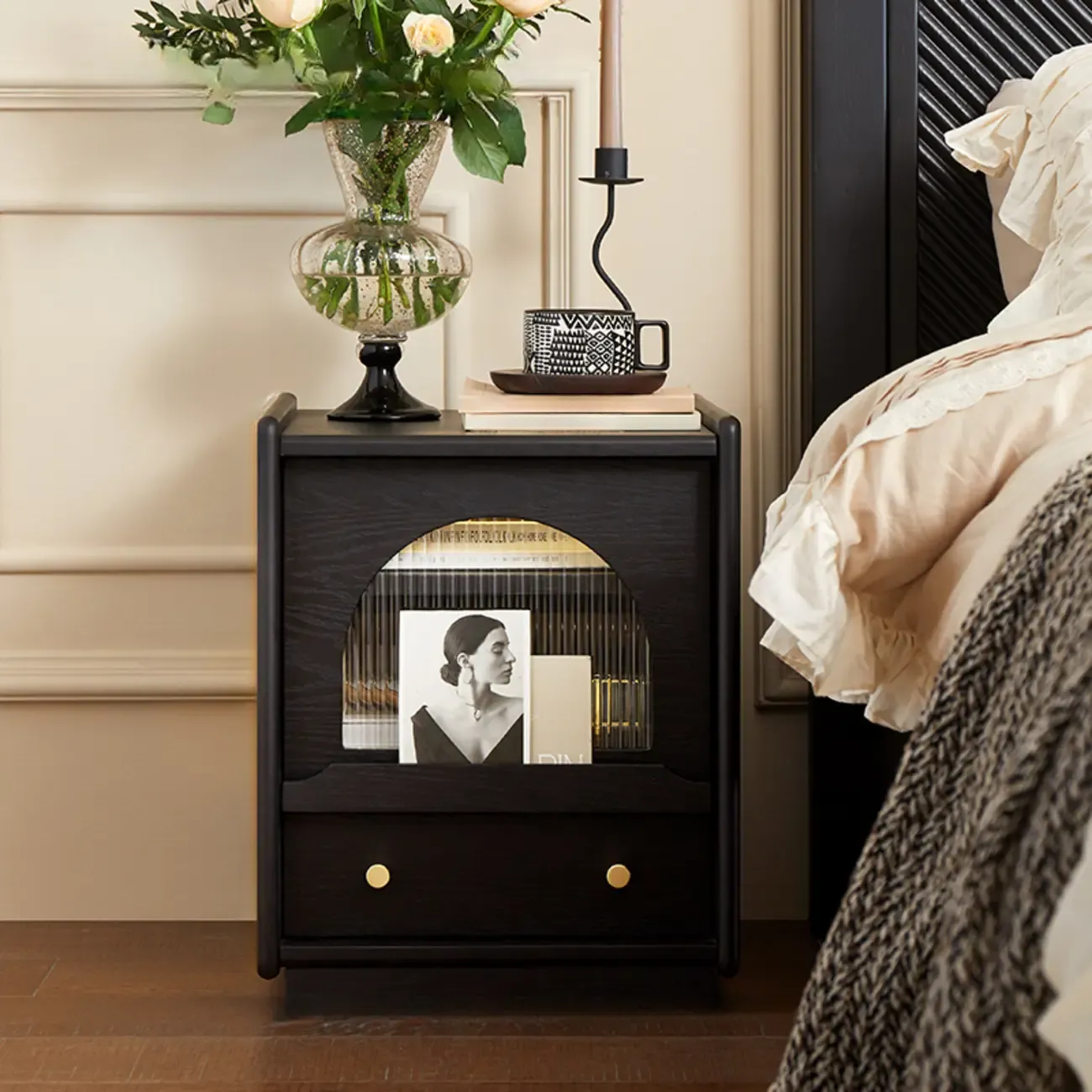 Bedroom Wood Walnut Glass Door Nightstand with Drawer Image - 7