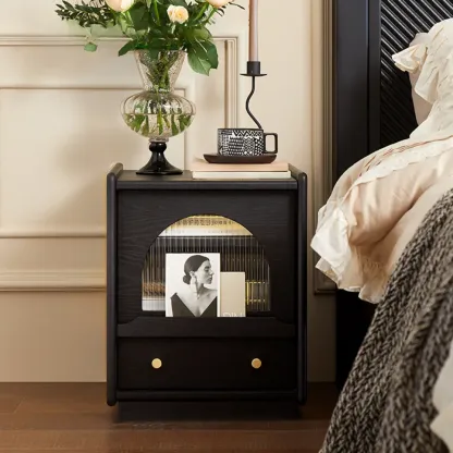 Bedroom Wood Walnut Glass Door Nightstand with Drawer Image - 7