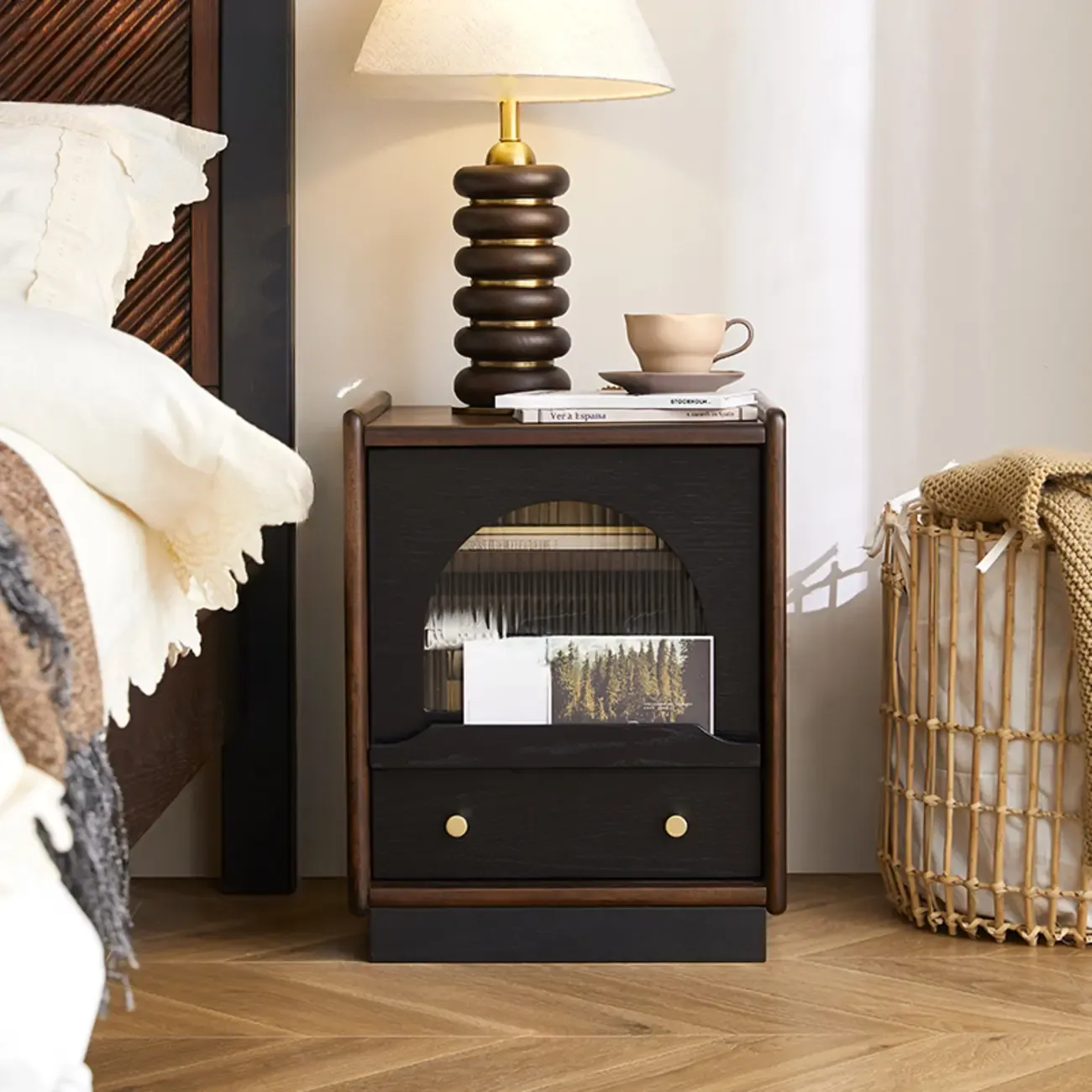 Bedroom Wood Walnut Glass Door Nightstand with Drawer Image - 6