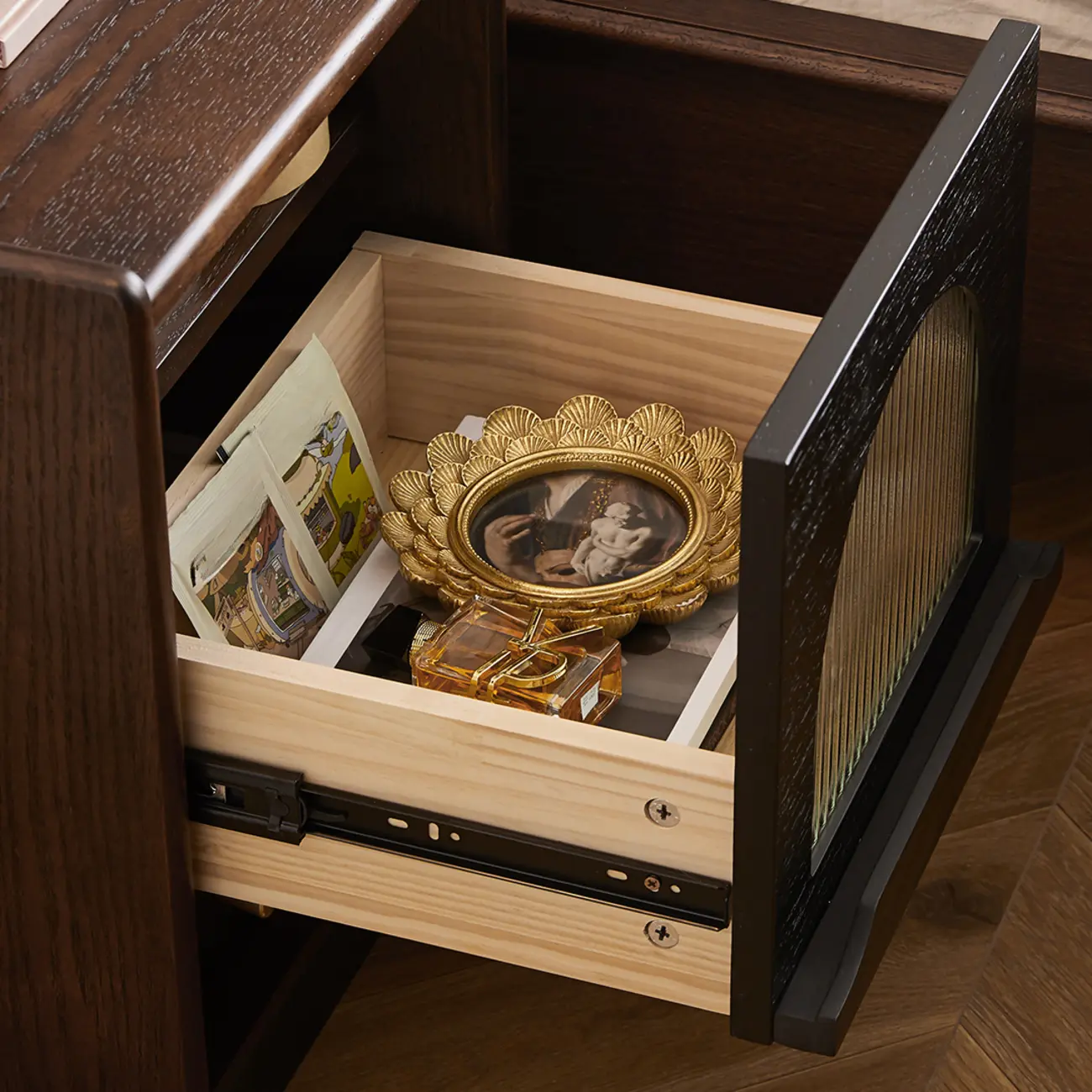 Bedroom Wood Walnut Glass Door Nightstand with Drawer Image - 12 | homeyfad