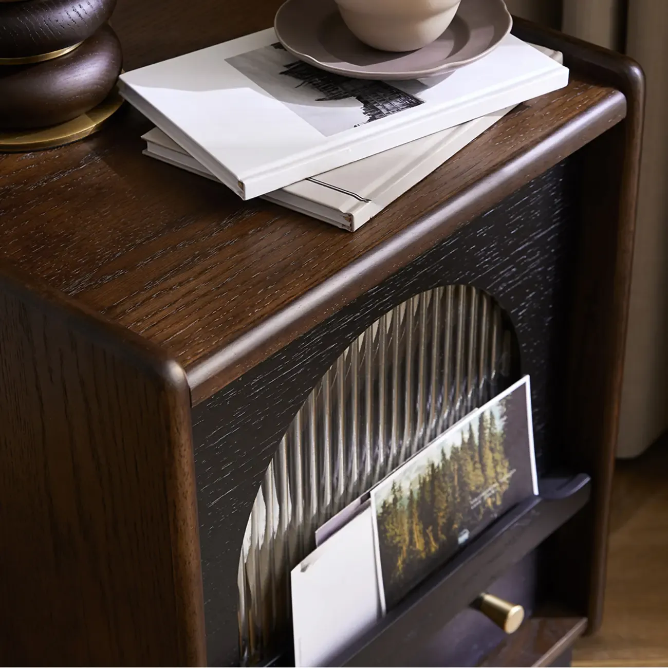 Bedroom Wood Walnut Glass Door Nightstand with Drawer Image - 13