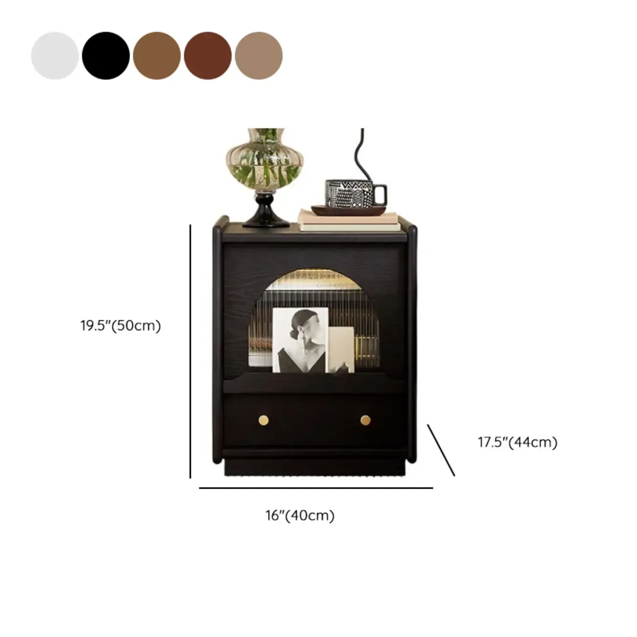 Bedroom Wood Walnut Glass Door Nightstand with Drawer #size