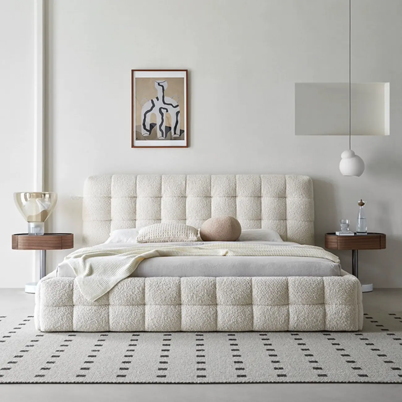 Minimalist Boucle Platform Bed Frame in Milky-White/Black Image - 1 | homeyfad