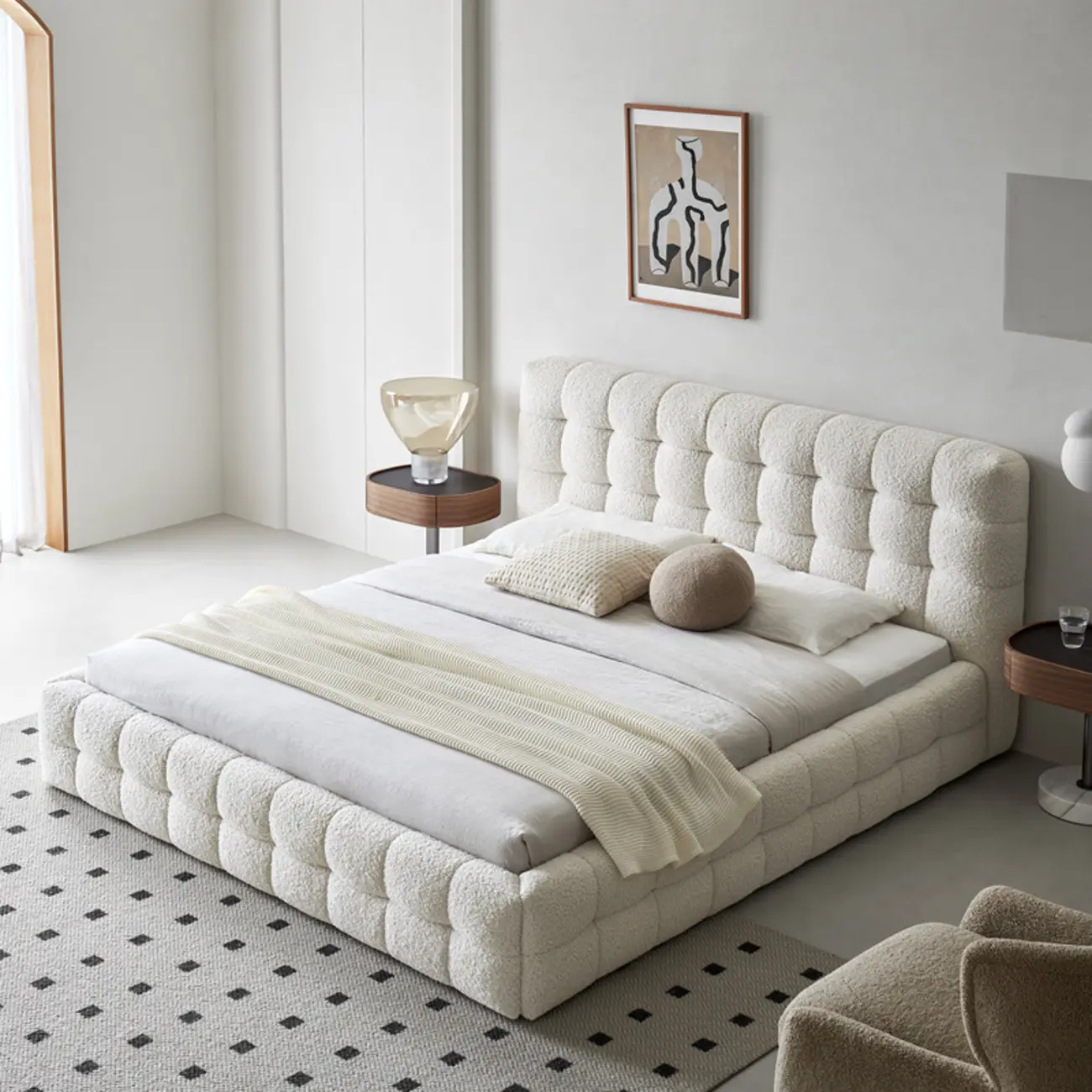 Minimalist Boucle Platform Bed Frame in Milky-White/Black Image - 2 | homeyfad
