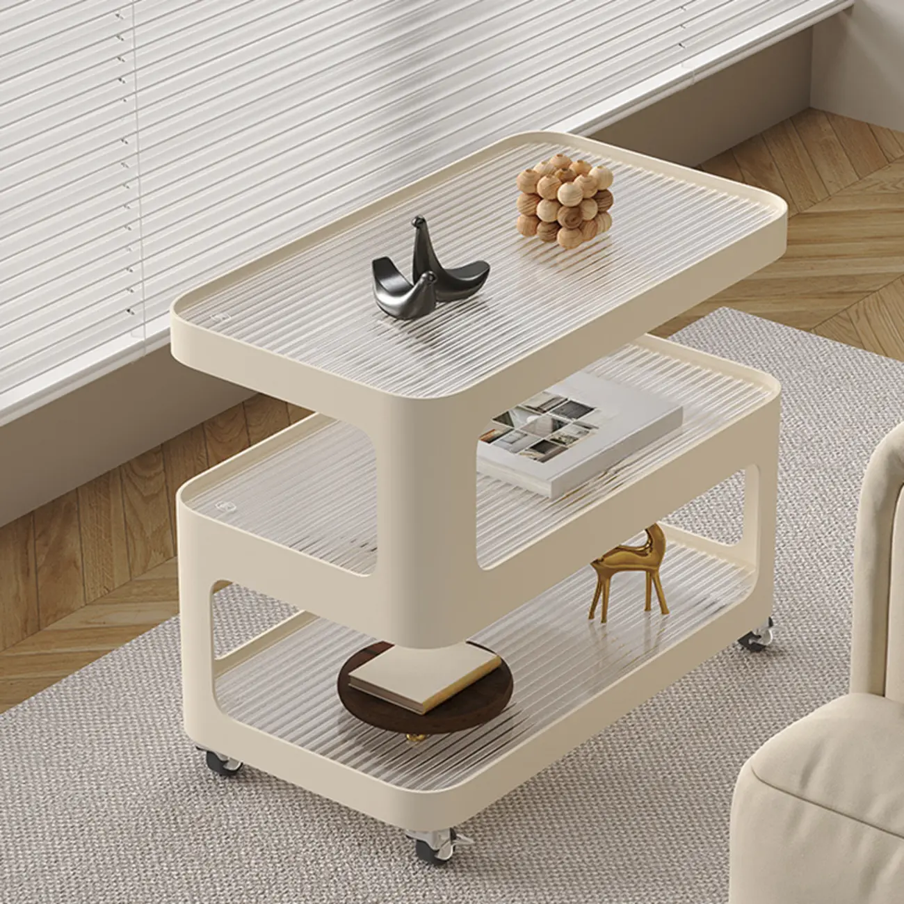 Unique 3-Tier Rotating White Corrugated Glass Metal Side Table Image - 3 | homeyfad