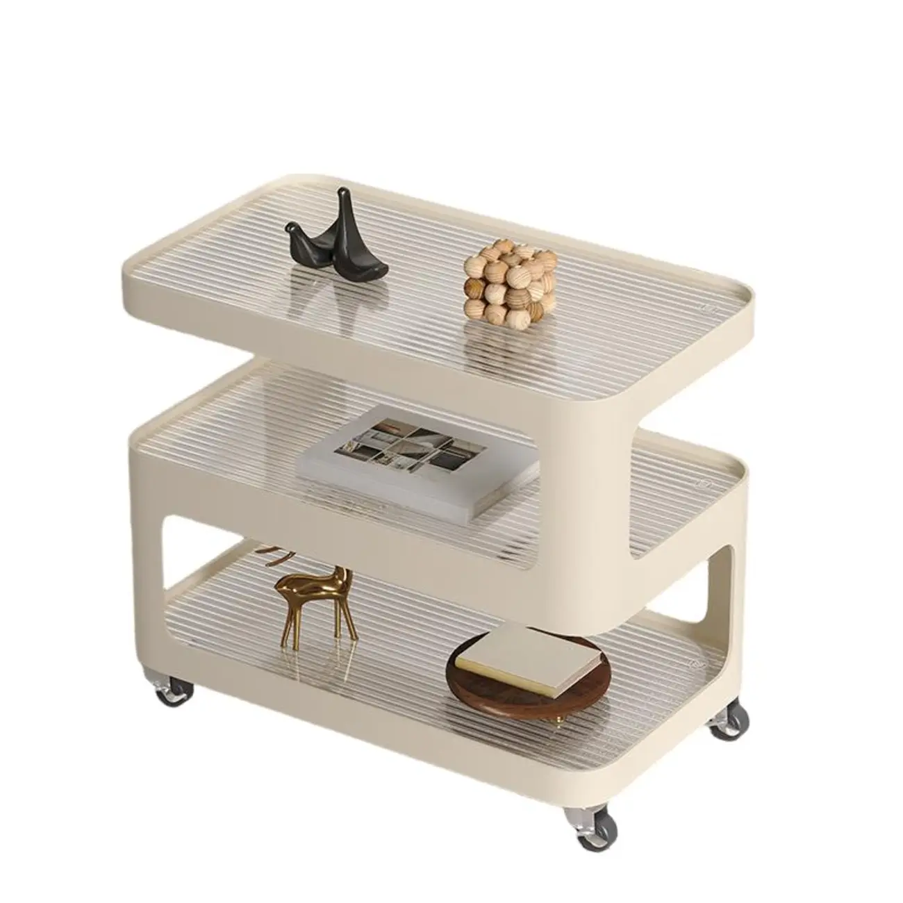 Unique 3-Tier Rotating White Corrugated Glass Metal Side Table Image - 5 | homeyfad