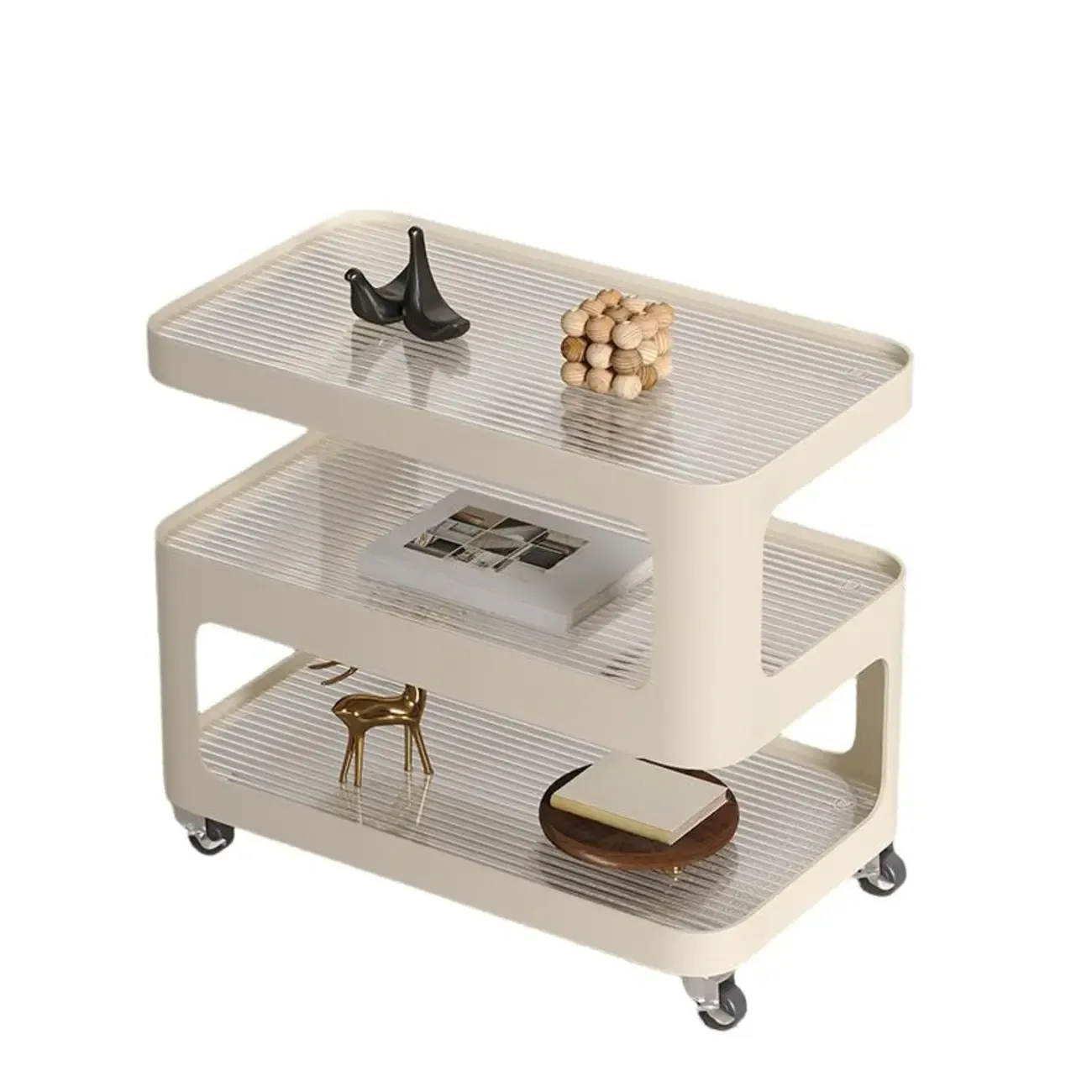 Unique 3-Tier Rotating White Corrugated Glass Metal Side Table Image - 5