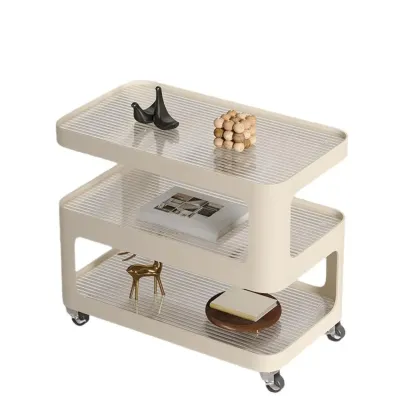 Unique 3-Tier Rotating White Corrugated Glass Metal Side Table Image - 5