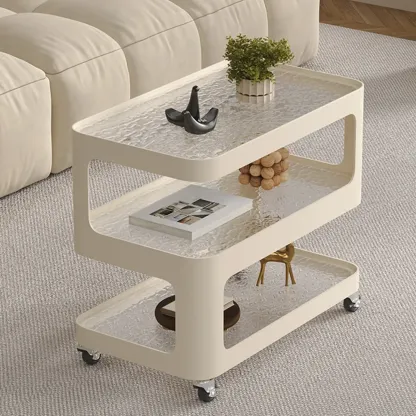 Unique 3-Tier Rotating White Corrugated Glass Metal Side Table Image - 2