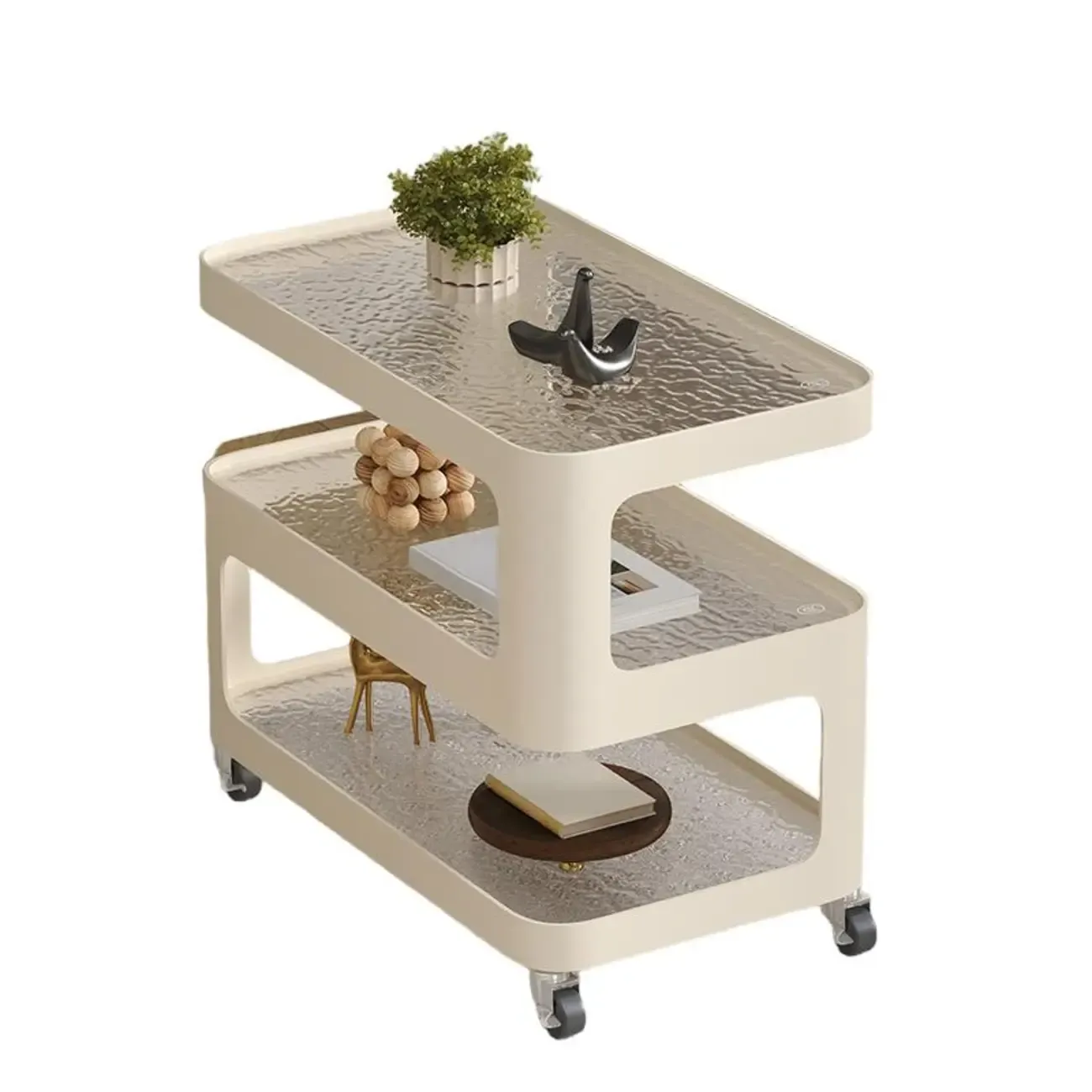 Unique 3-Tier Rotating White Corrugated Glass Metal Side Table Image - 6