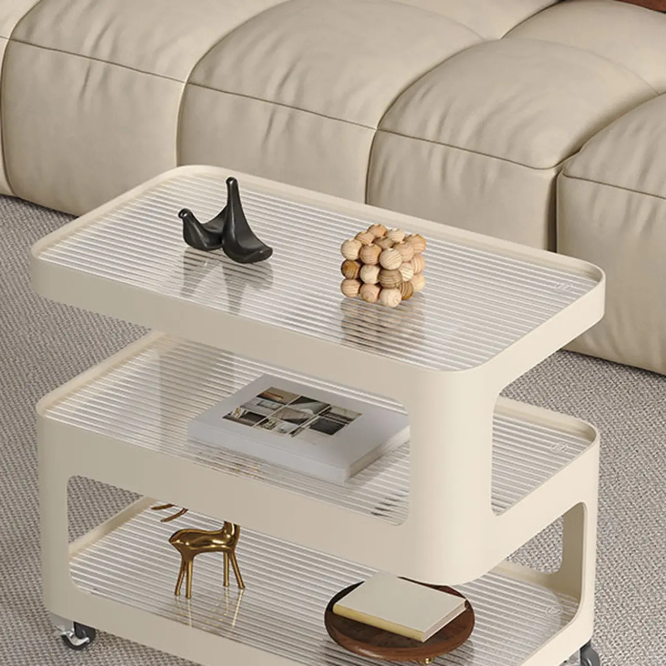 Unique 3-Tier Rotating White Corrugated Glass Metal Side Table Image - 7 | homeyfad