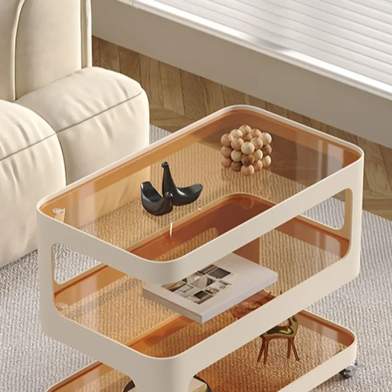 Unique 3-Tier Rotating White Corrugated Glass Metal Side Table Image - 9