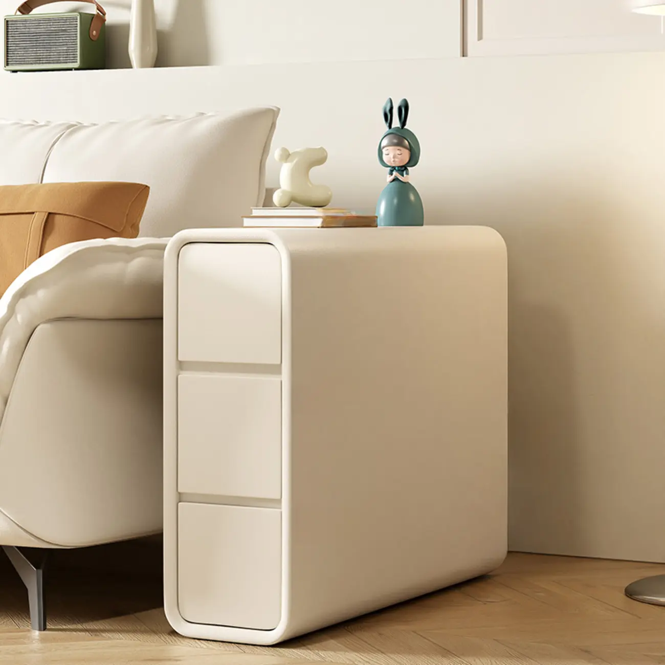 Sleek Rectangular Leather White 3 Drawers Narrow Side Table Image - 1 | homeyfad