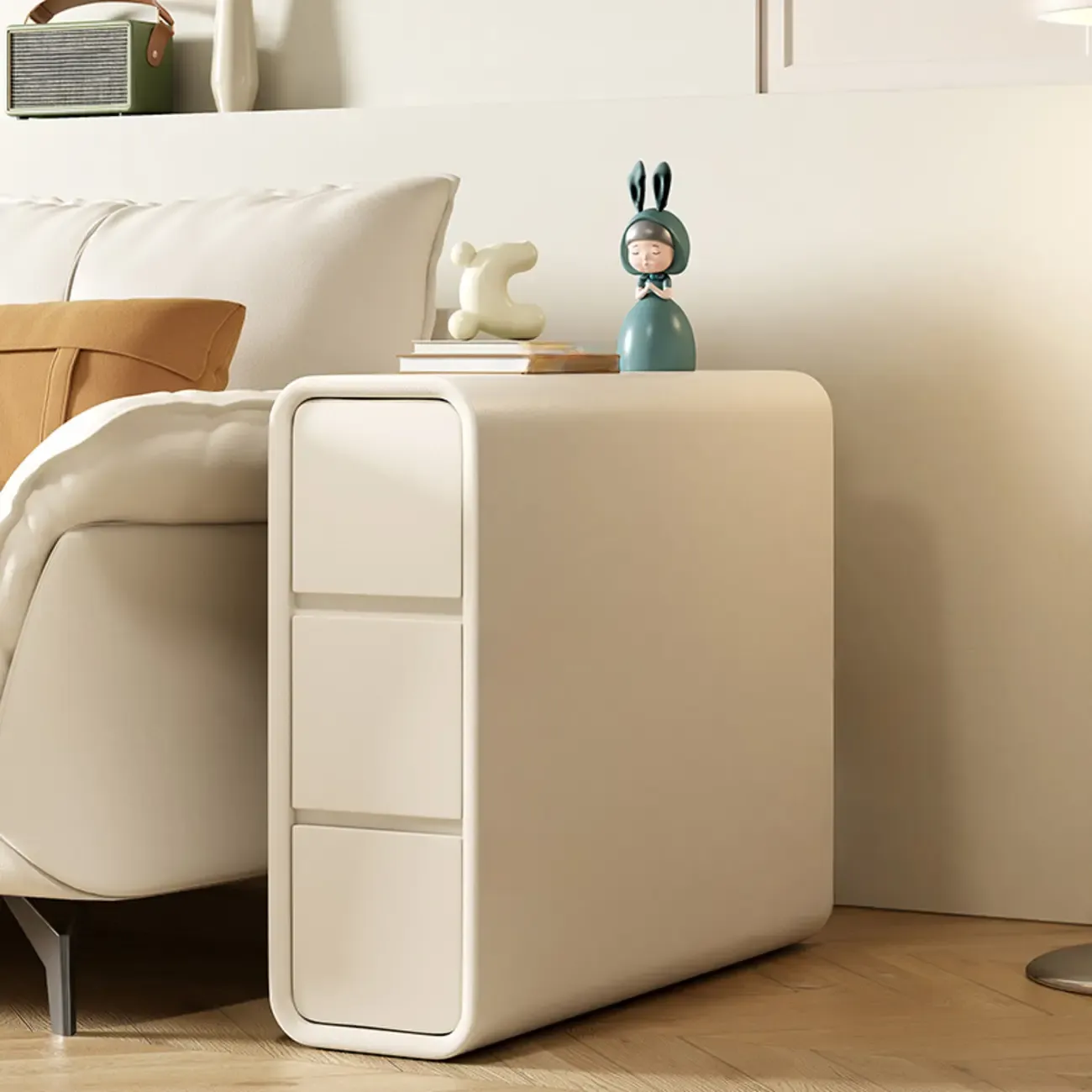 Sleek Rectangular Leather White 3 Drawers Narrow Side Table Image - 1