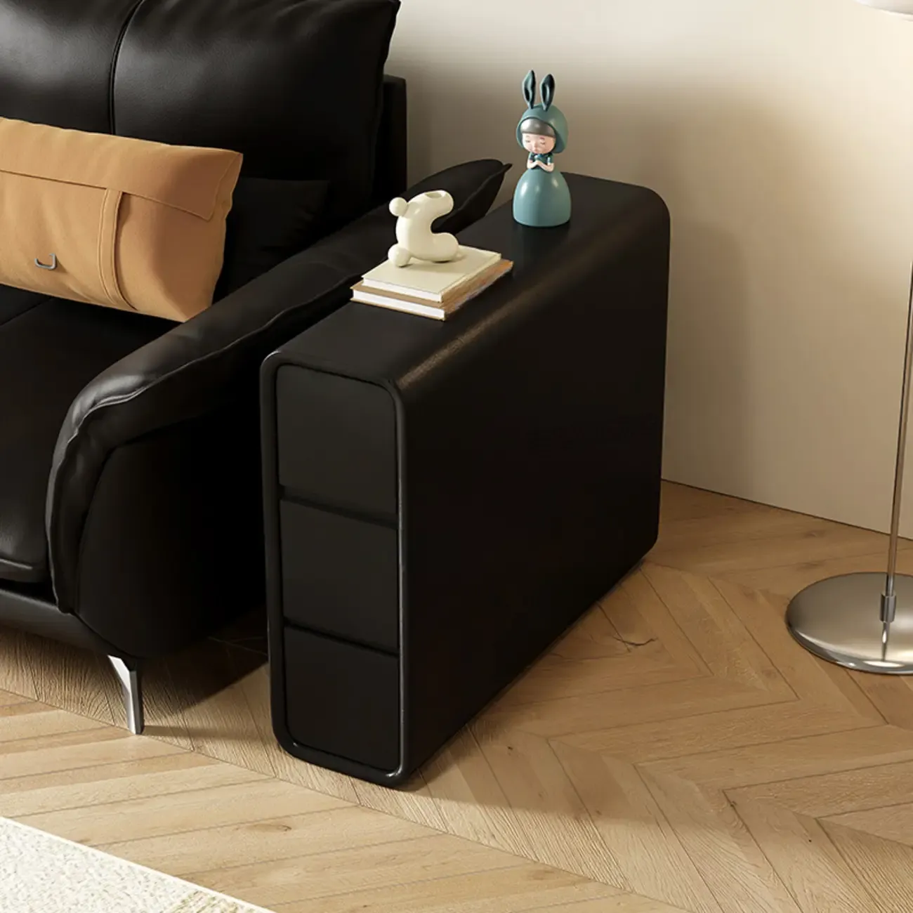 Sleek Rectangular Leather White 3 Drawers Narrow Side Table Image - 4