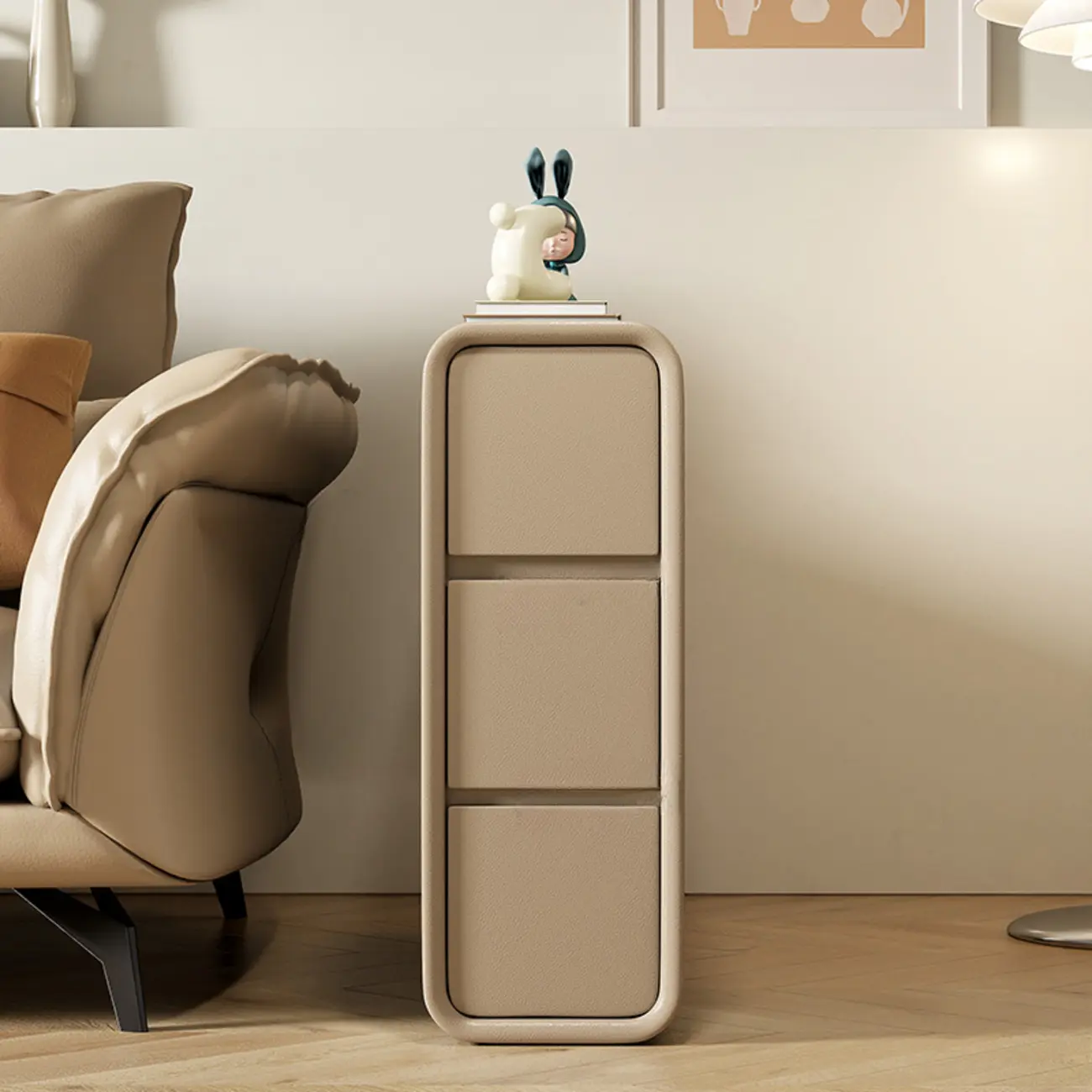 Sleek Rectangular Leather White 3 Drawers Narrow Side Table Image - 3 | homeyfad