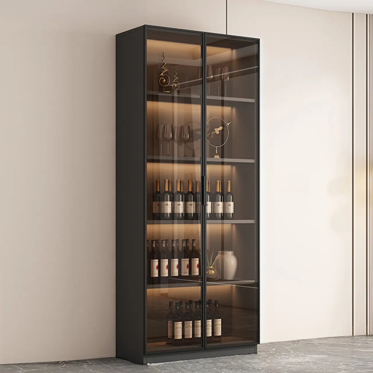 Tall Narrow Black Wood Display Cabinet with Light Image - 3 | homeyfad