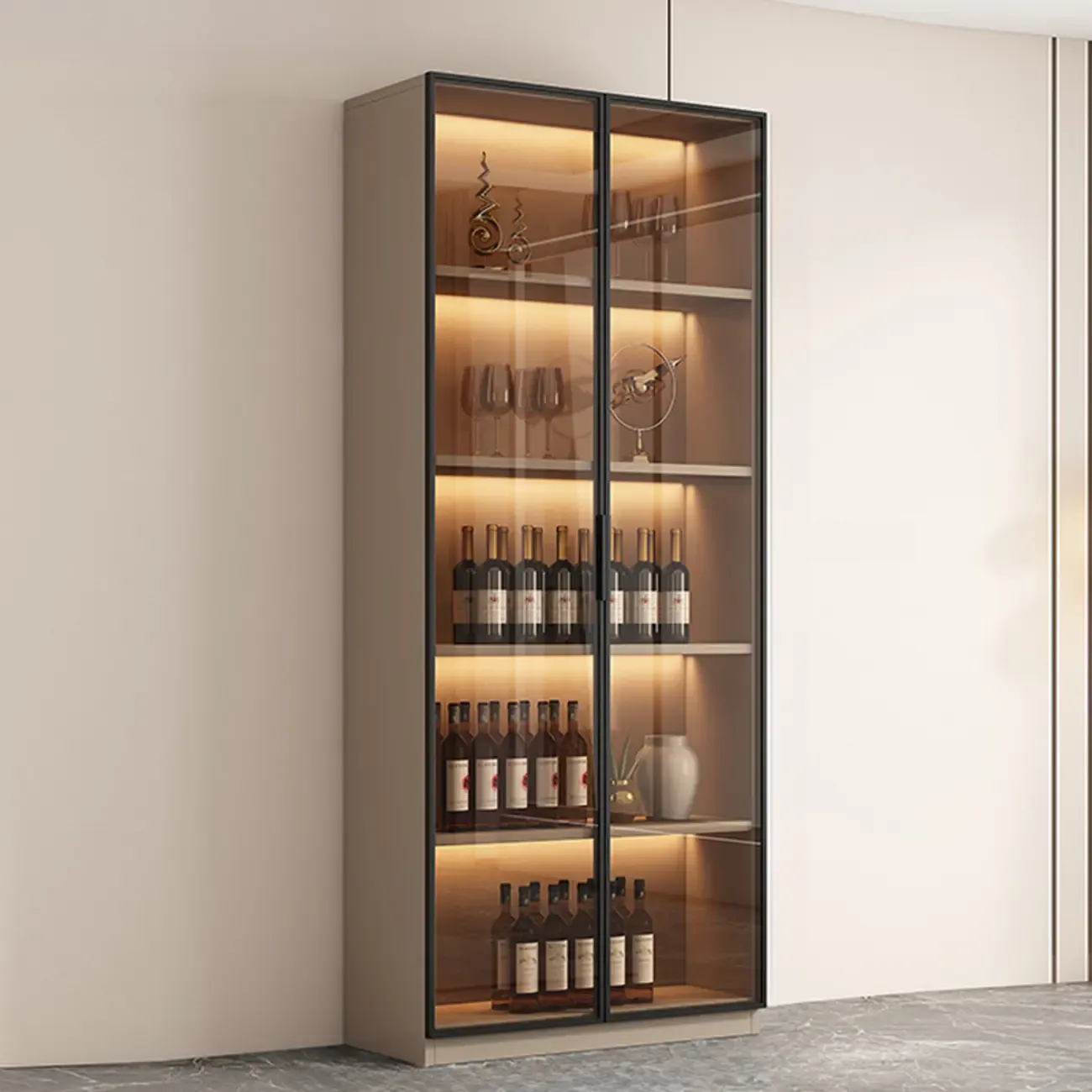 Tall Narrow Black Wood Display Cabinet with Light Image - 5