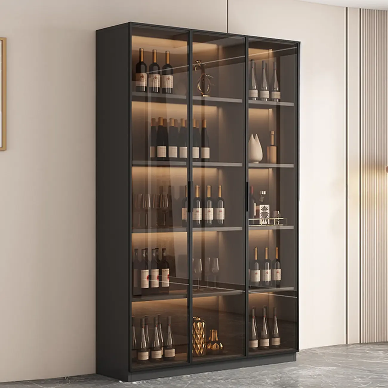 Tall Narrow Black Wood Display Cabinet with Light Image - 7