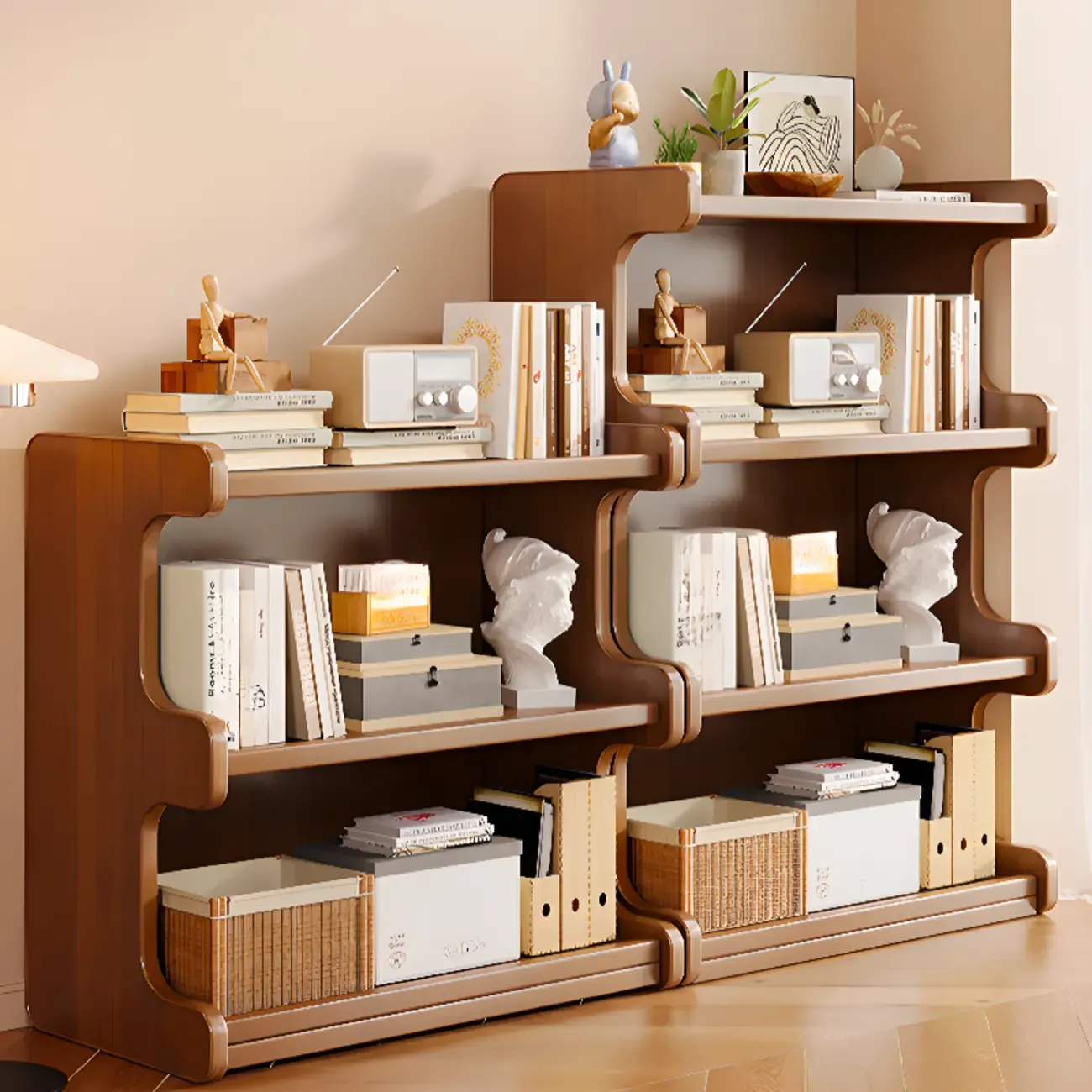 Modern Ladder Brown Wood Bookcase for Office Storage Image - 1