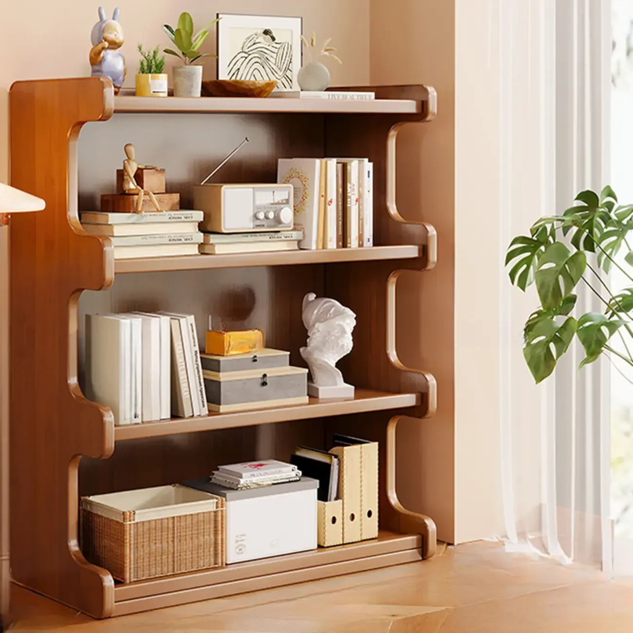 Modern Ladder Brown Wood Bookcase for Office Storage Image - 7